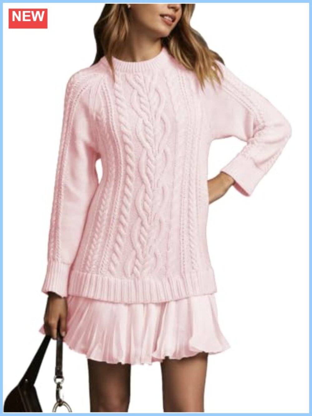 Cable Knit Long Sleeve Pleated Mini Sweater Dress Cotton Blend